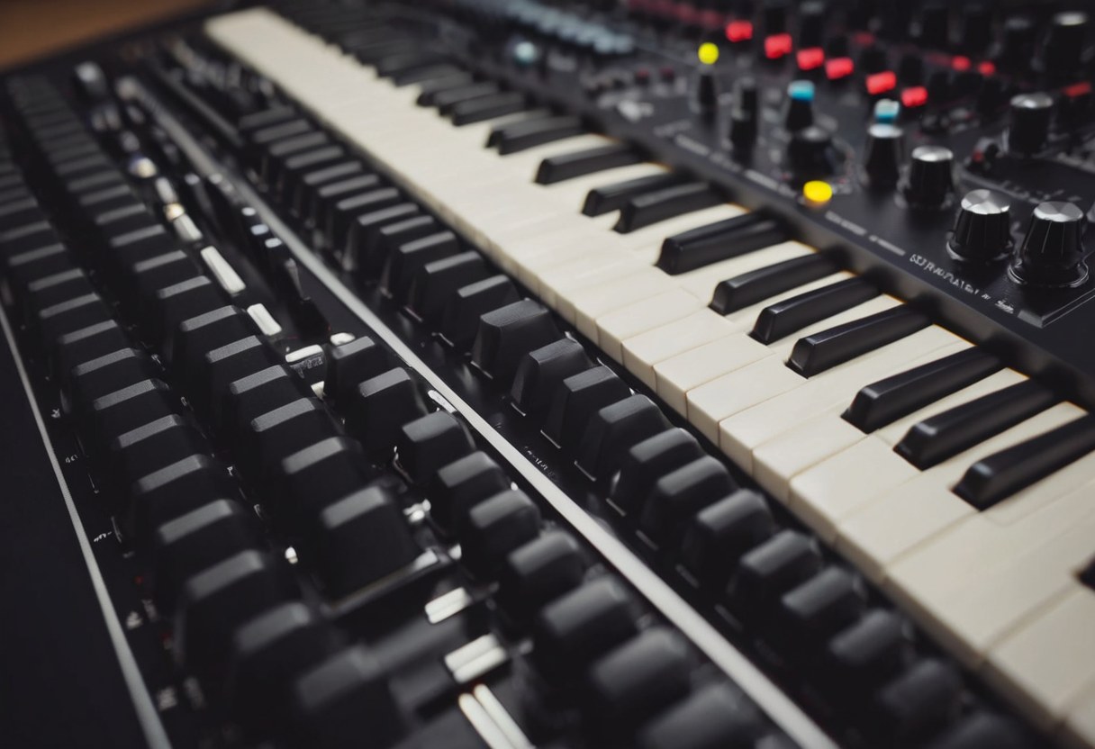 Detalle de teclados y controles de sintetizador en la sala de audio