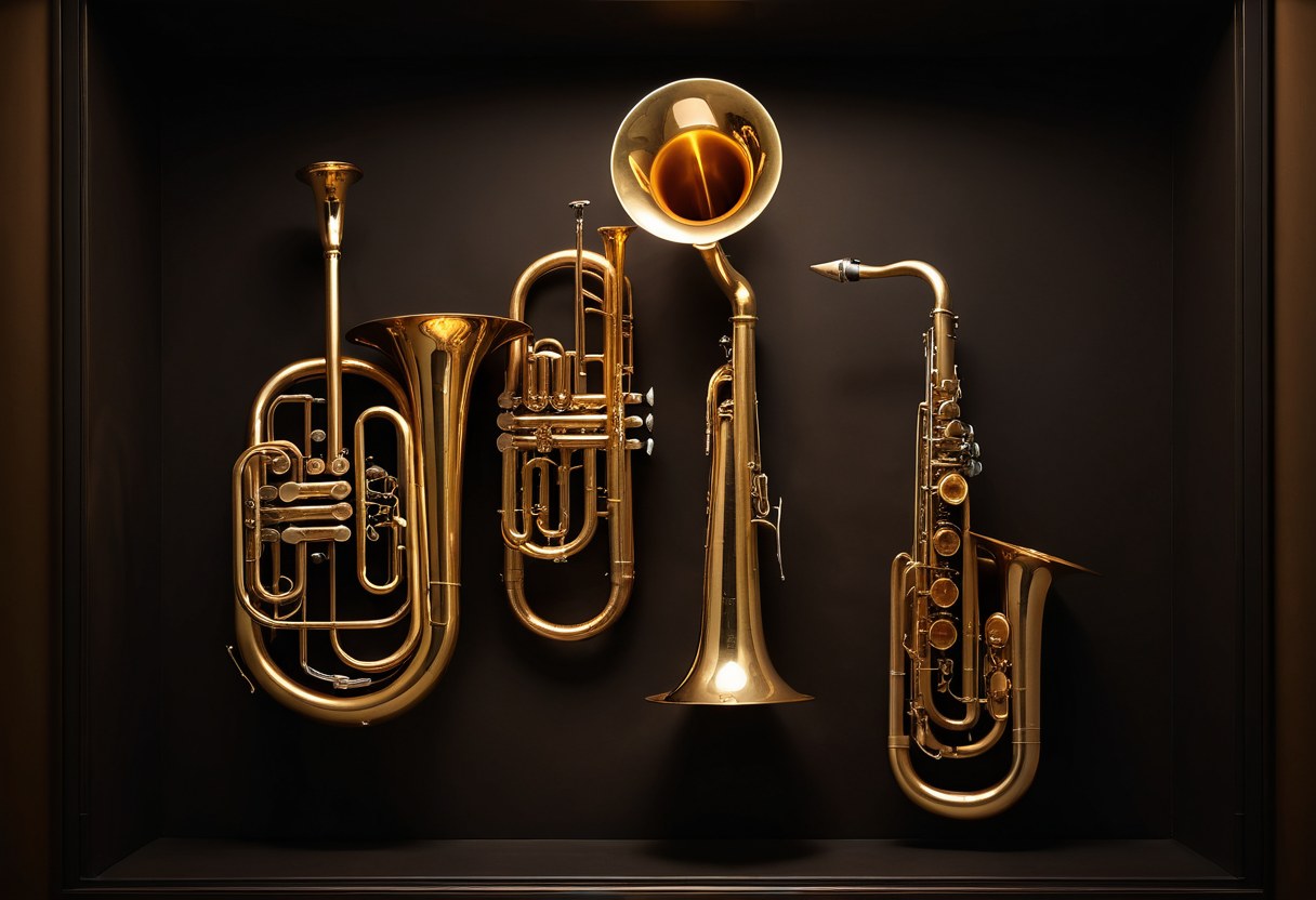 Instrumentos de aliento de latón exhibidos en un nicho oscuro con luz ámbar