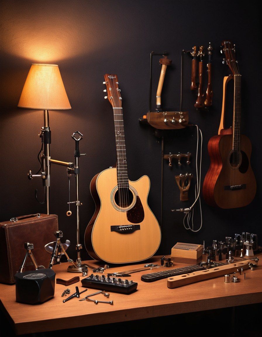 Banco de reparación de instrumentos con herramientas de calibración y un mástil sujeto