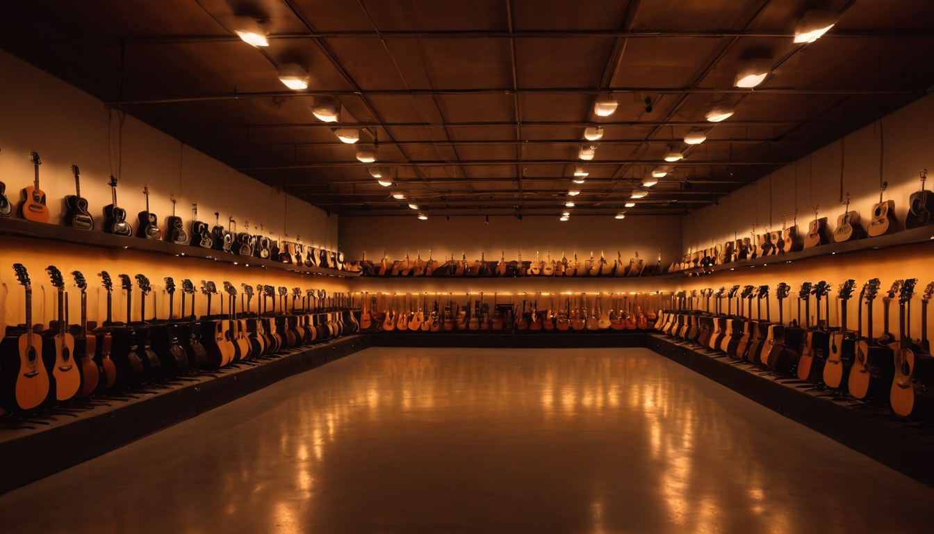 Interior en penumbra de una tienda de instrumentos musicales con hileras de estuches y luces cálidas