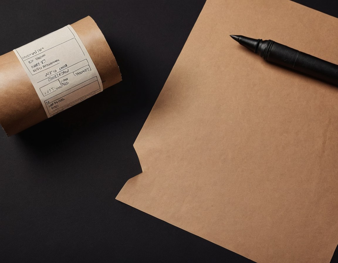 Mostrador de imprenta con recibo de papel kraft, muestra de tinta y rollo de papel