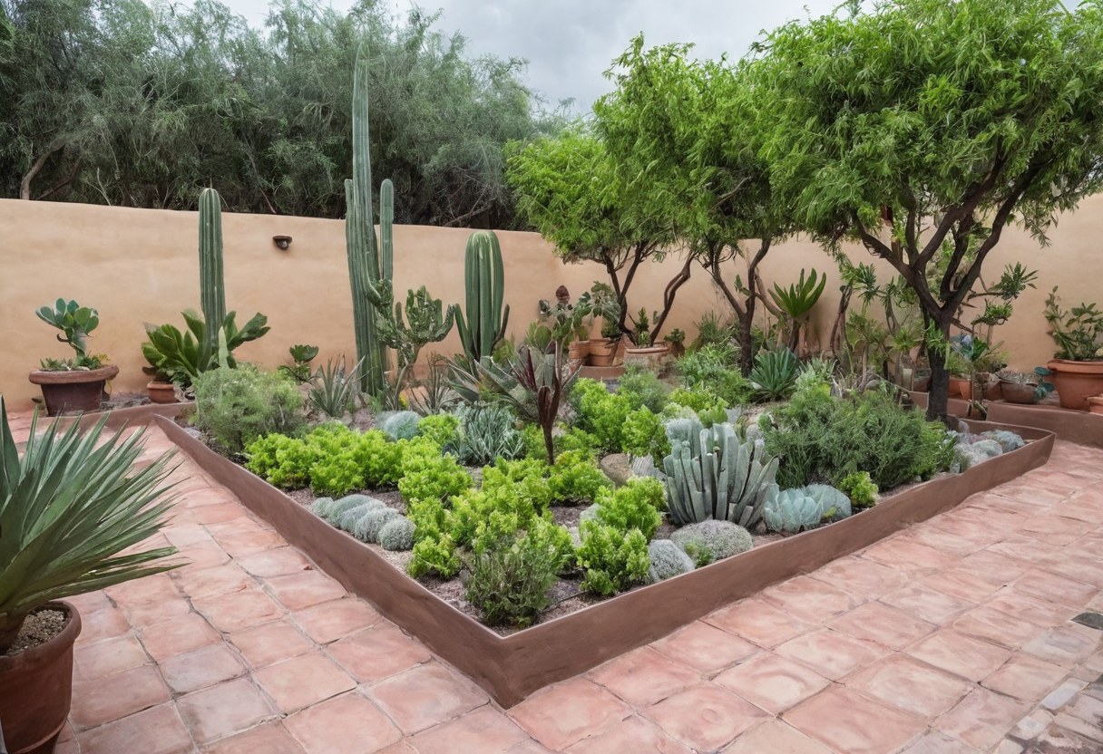 Jardín mexicano bien cuidado con riego por goteo discreto bajo un cielo cubierto