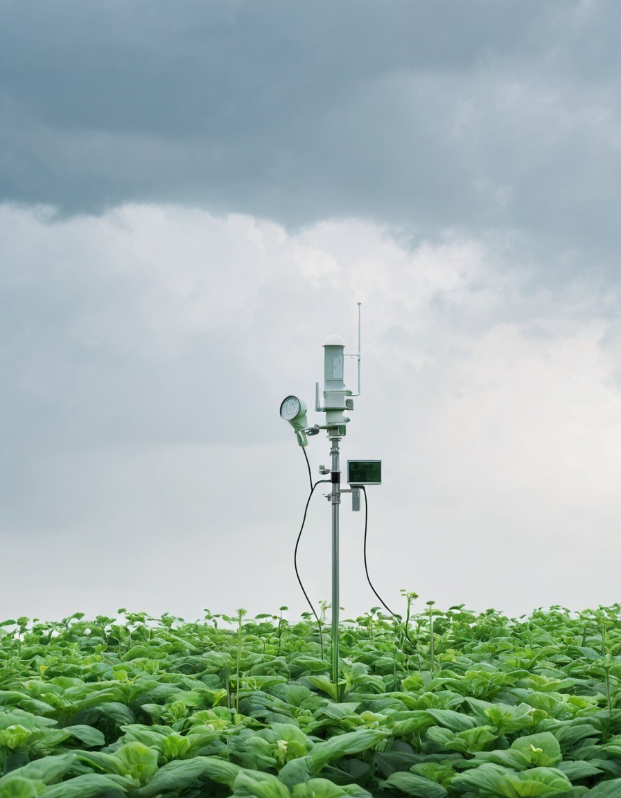 Pequeña estación meteorológica sobre una plantación verde en el horizonte