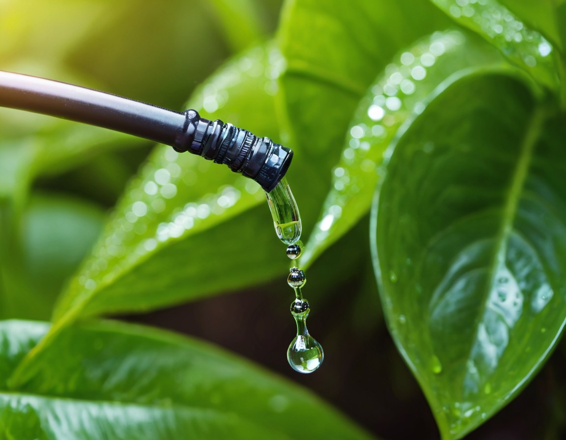 Acercamiento a una línea de goteo entre plantas frescas con gotas de agua