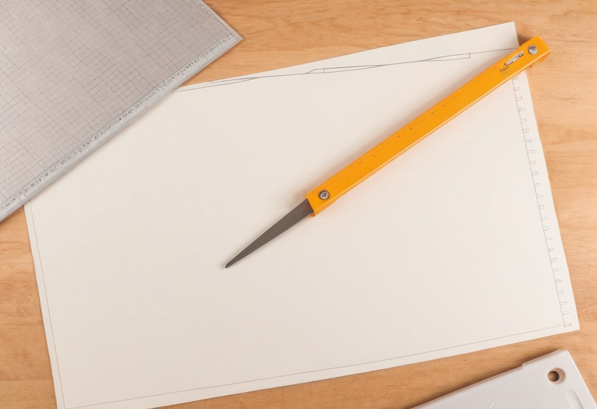Pliegos de vinil, tapete de corte, reglas de aluminio y espátula sobre la mesa del taller