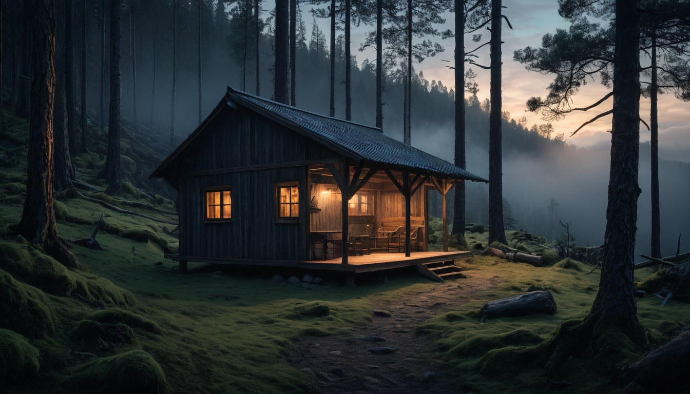 Cabaña de madera con la ventana encendida entre pinos, al amanecer en el bosque