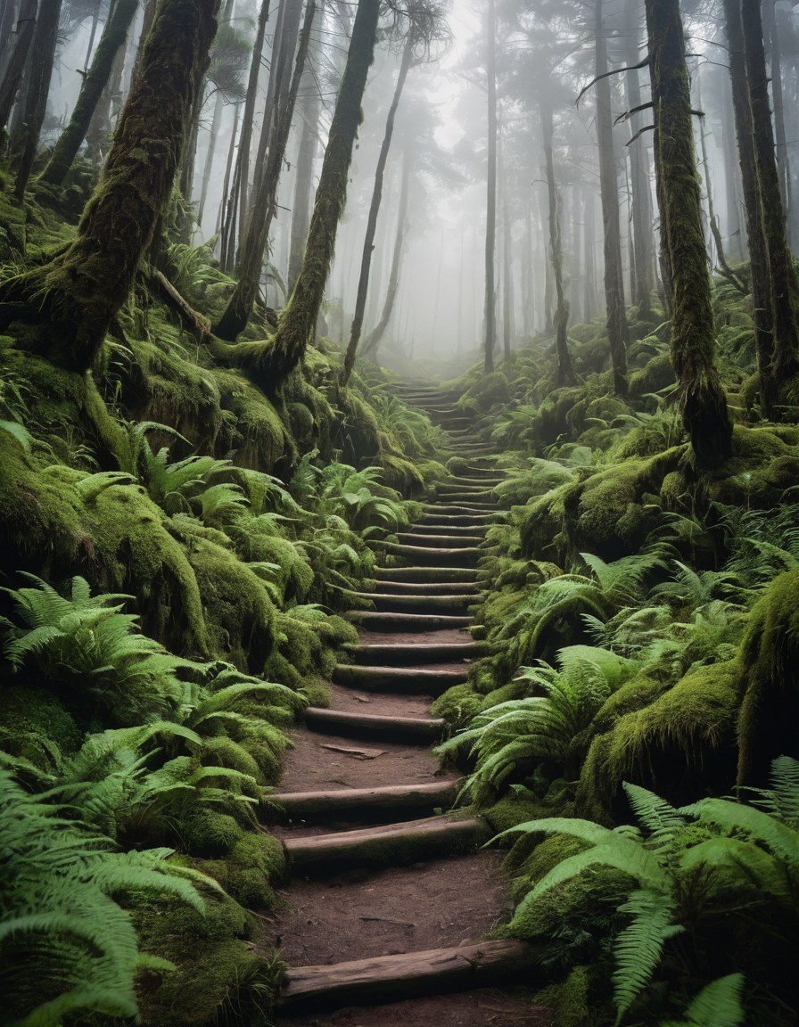 Sendero de bosque con niebla entre helechos y pinos al amanecer