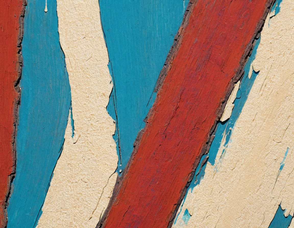 Capas de esmalte bermellón, azul mineral y crema sobre tablas de triplay