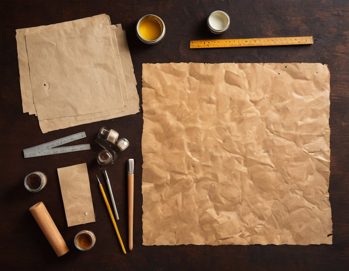 Plantillas cortadas a mano y pigmento suelto sobre papel envejecido