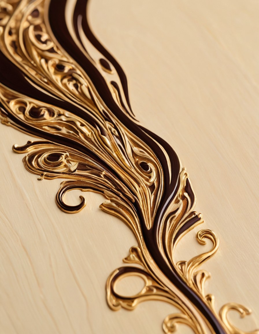 Volutas y filetes de esmalte crema y oro pintados sobre un panel de madera barnizada