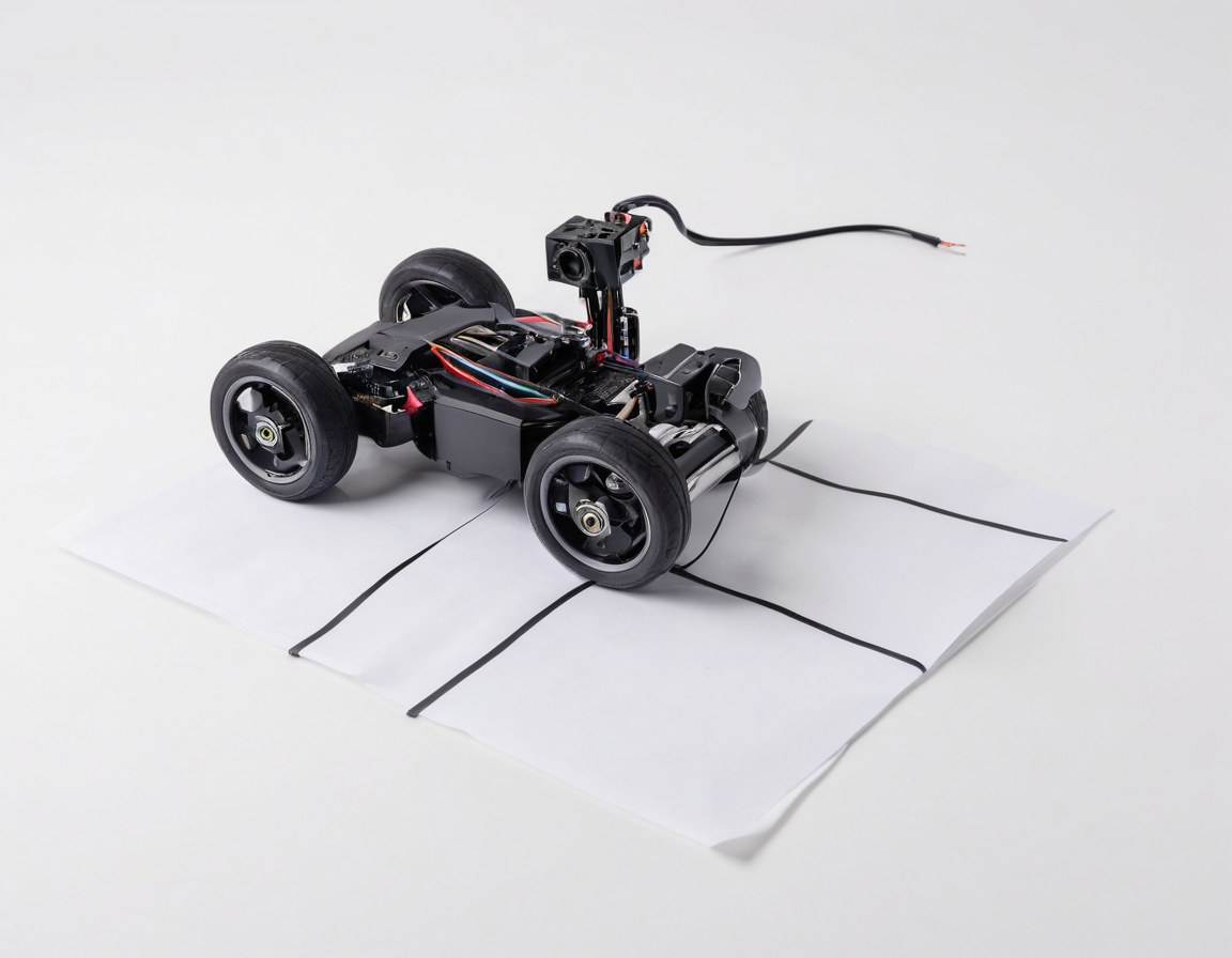 Robot seguidor de línea sobre un tapete blanco con una pista de cinta negra