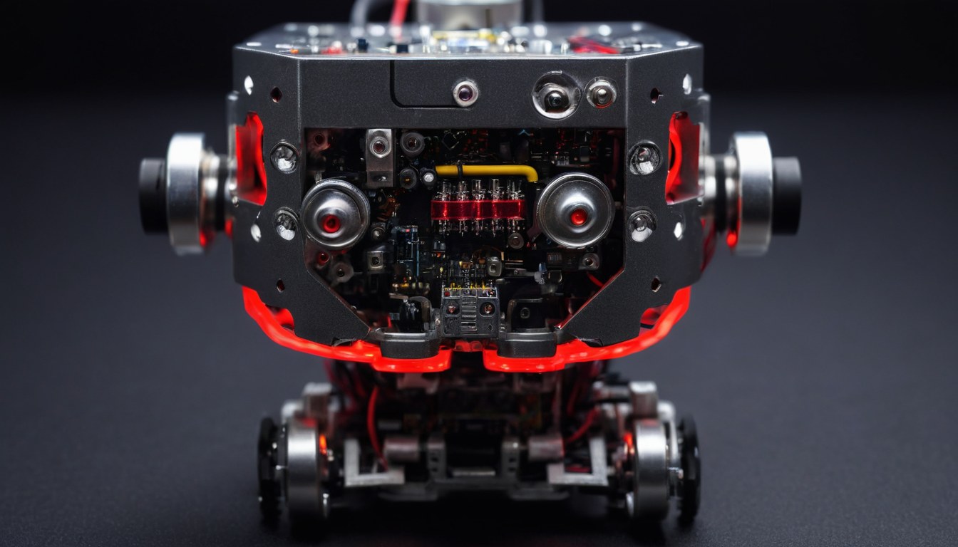Acercamiento al chasis de un robot experimental con cableado a la vista y un led rojo encendido