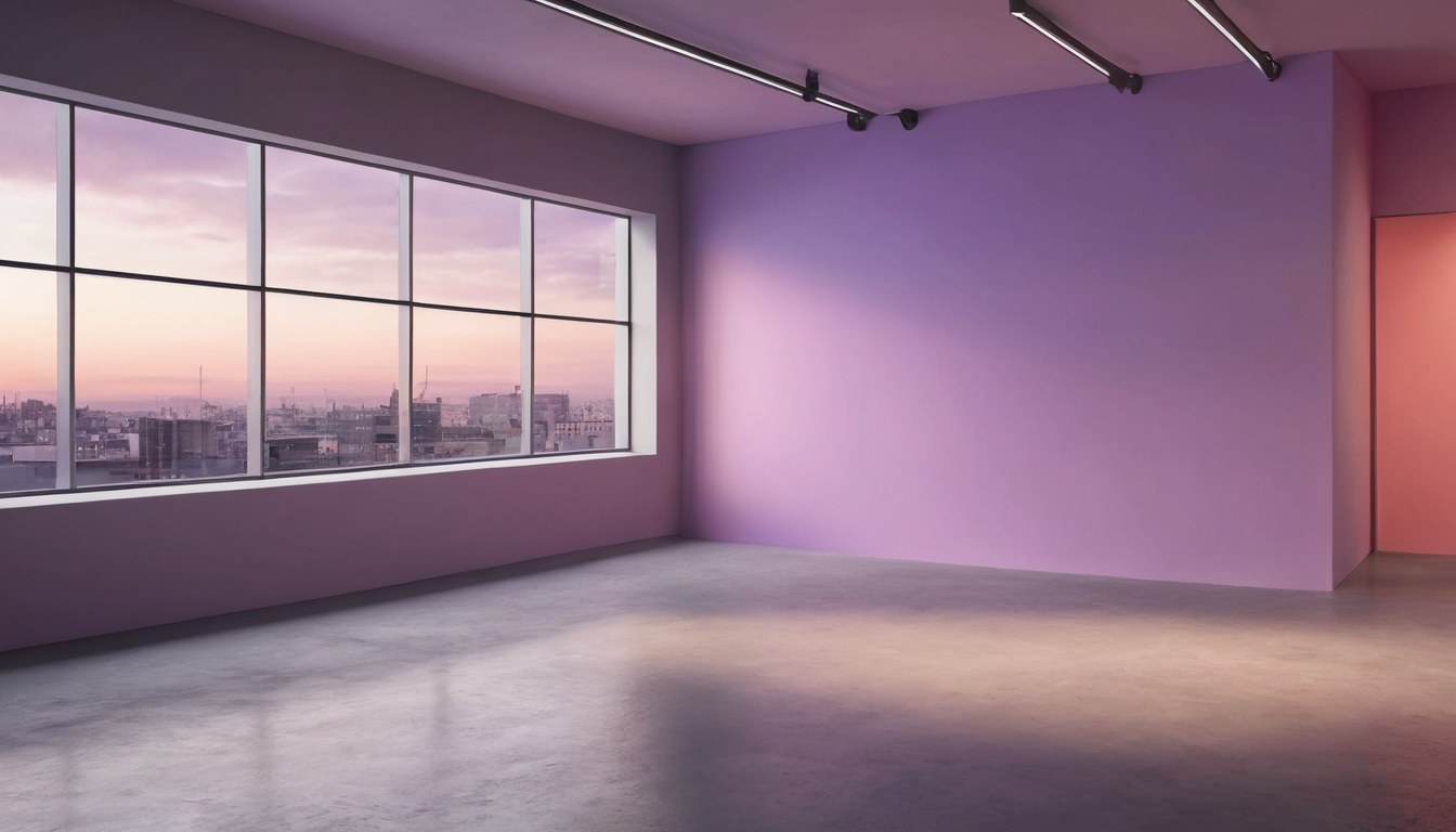 Interior del estudio al anochecer, con luz tenue y un resplandor de color en la ventana