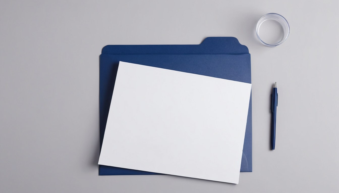 Carpeta azul y papelería en blanco sobre un escritorio gris cálido