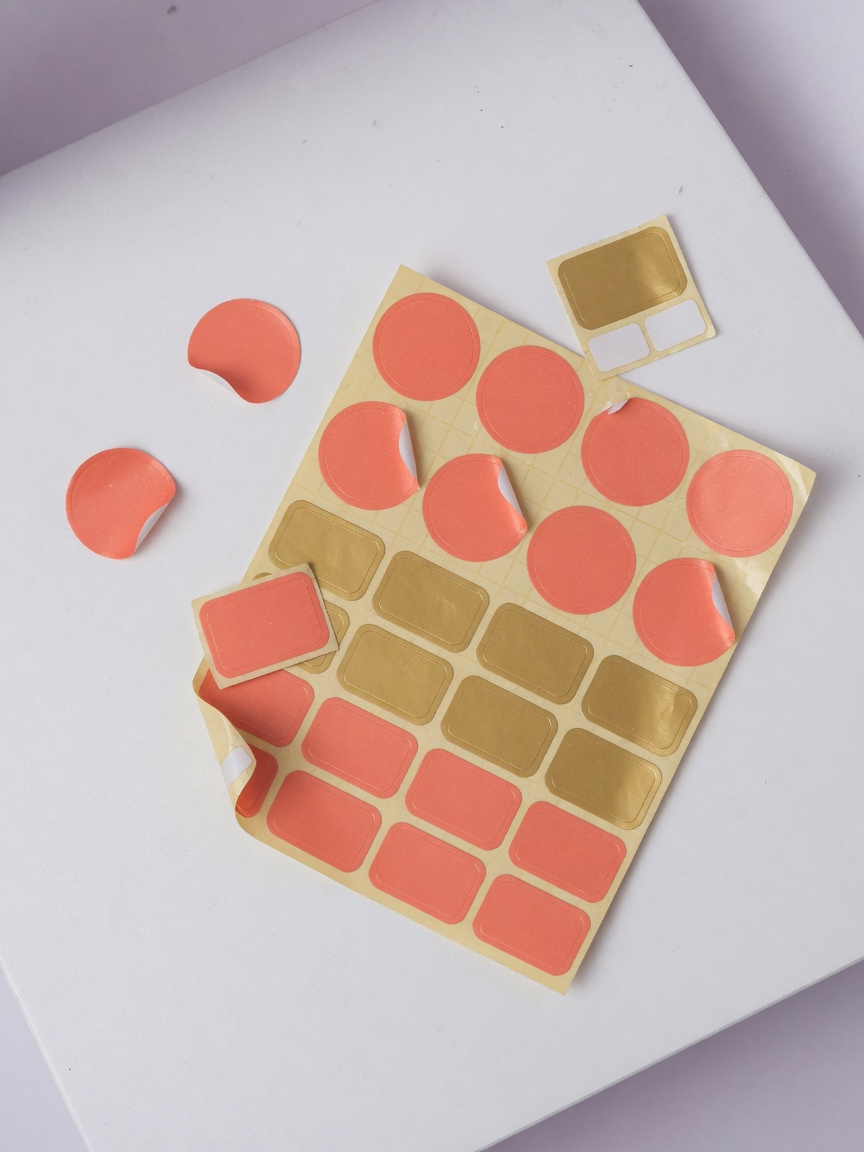 Hoja de etiquetas redondas y rectangulares en blanco, en coral y dorado