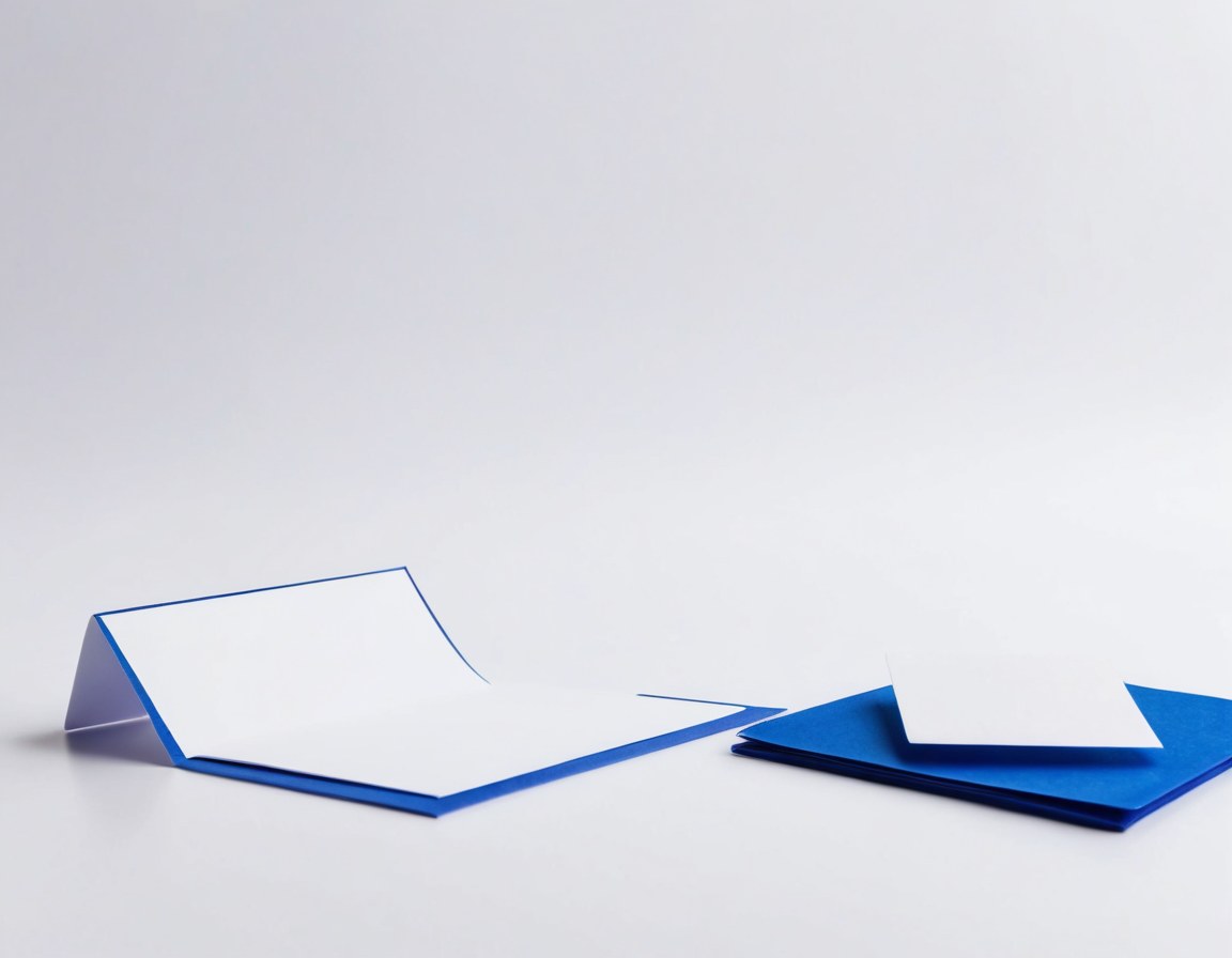 Escritorio blanco con tarjetas de papel en blanco y un canto azul cobalto