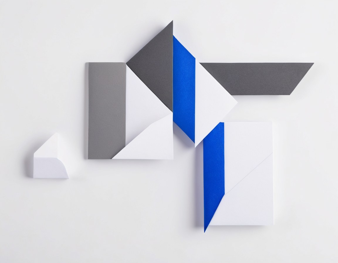 Pestañas de archivo en blanco, gris grafito y azul cobalto en composición geométrica cerrada