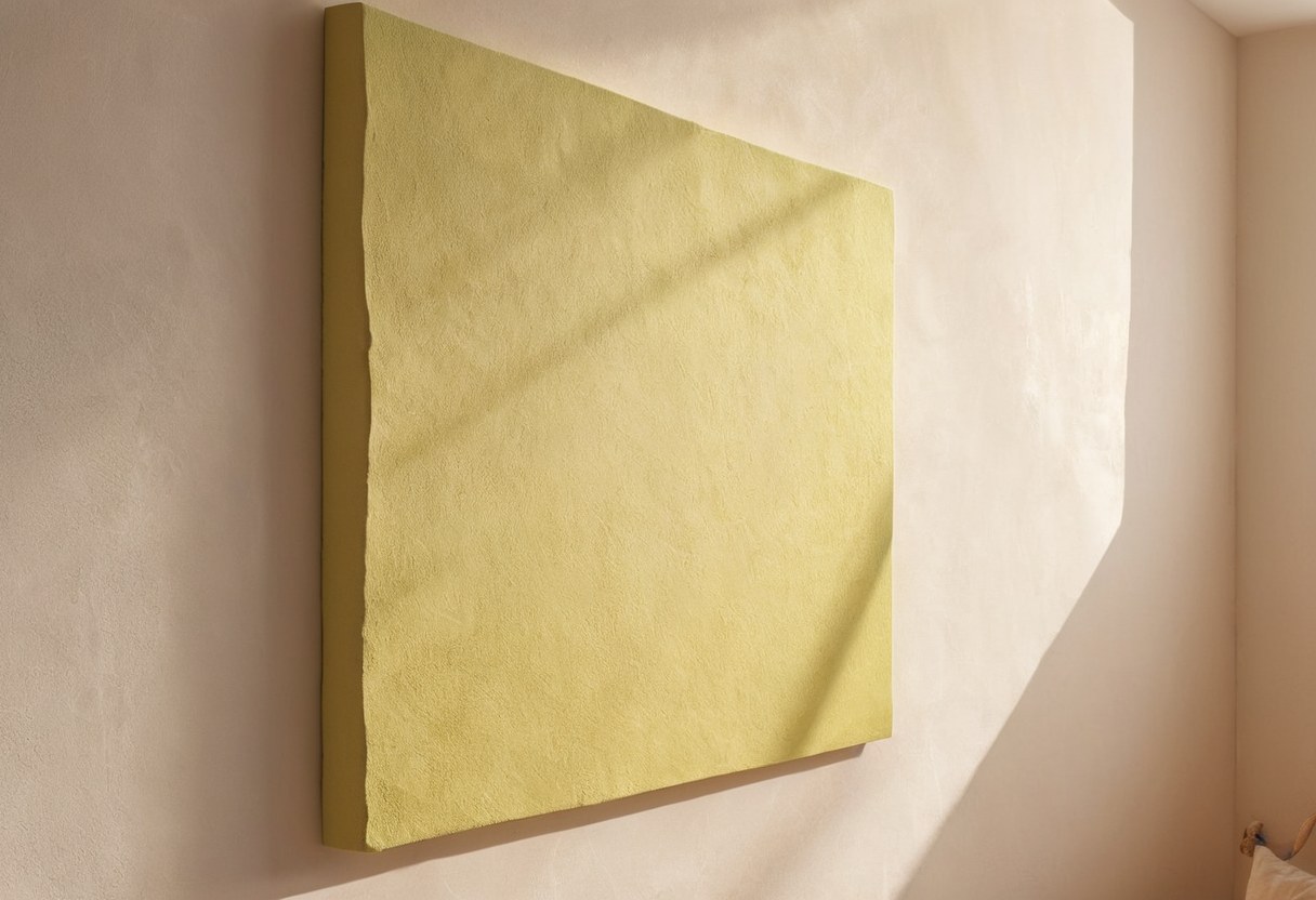 Muro cálido de galería con una obra abstracta colgada y luz inclinada sobre el aplanado