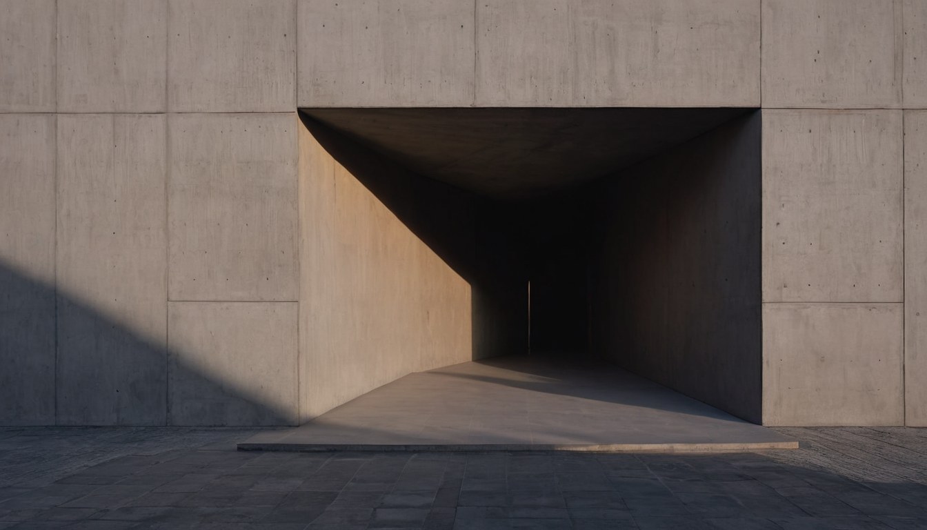 Umbral de concreto de una galería de arte contemporáneo al atardecer, con un vano oscuro y sombra angular