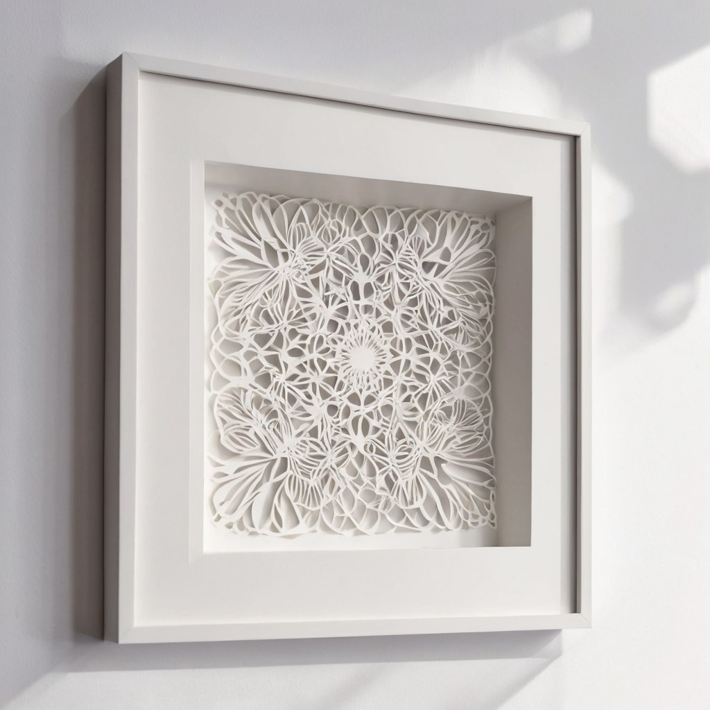 Obra abstracta de papel recortado que proyecta sombra en capas sobre un muro claro