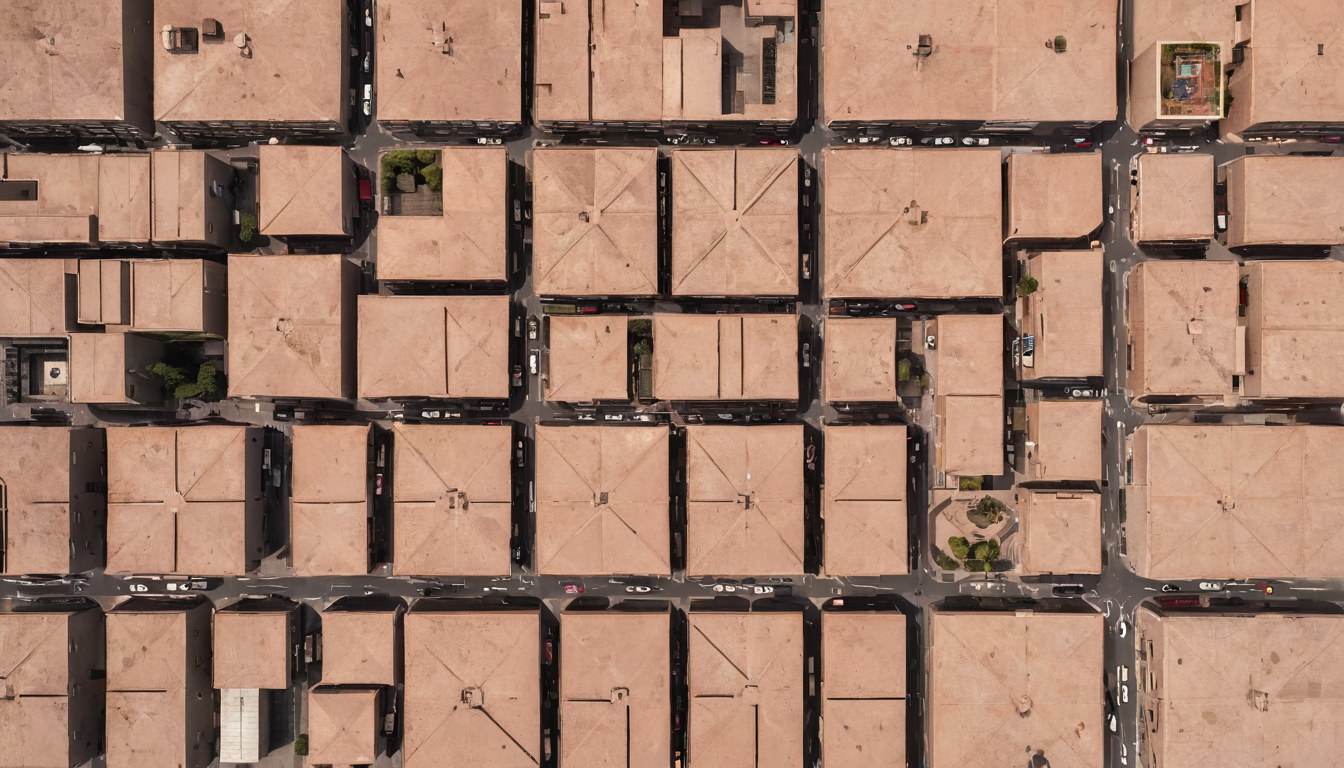 Geometría urbana abstracta vista desde arriba, con manzanas, patios y sombras largas en tonos de piedra