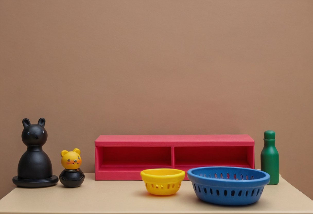 Detalle del mostrador de una juguetería con objetos de juego redondeados y un panel mate sin letreros