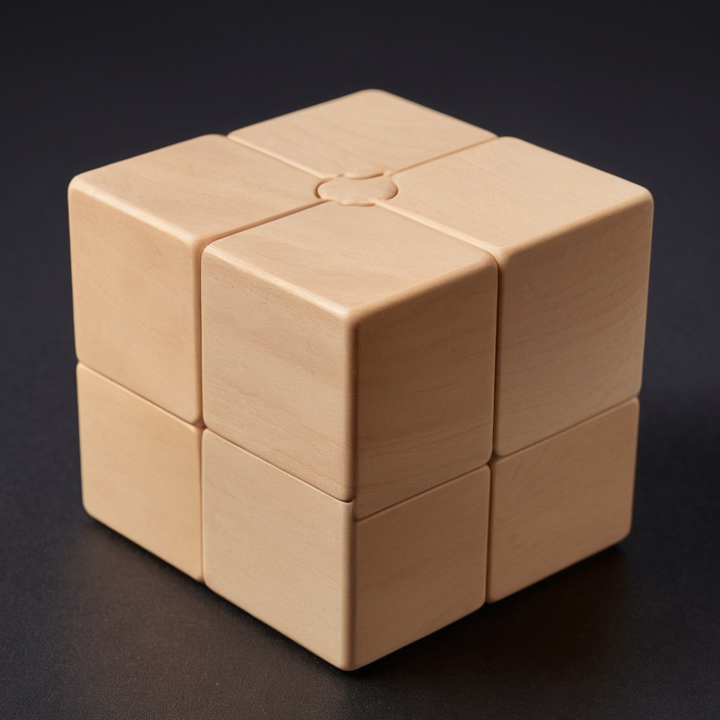 Cubo de rompecabezas de madera mate sobre superficie de tinta con pecas de luz