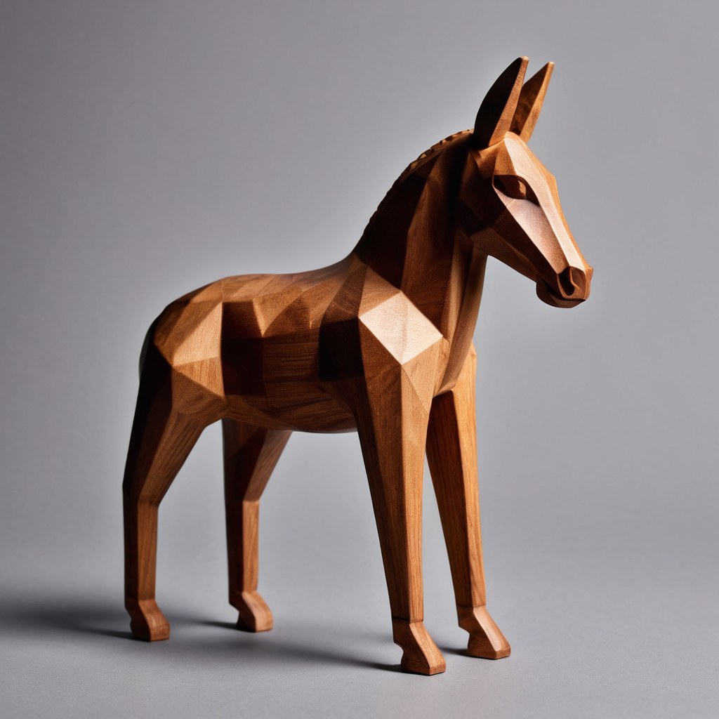 Figura abstracta de madera con facetas talladas y luz de contorno cálida