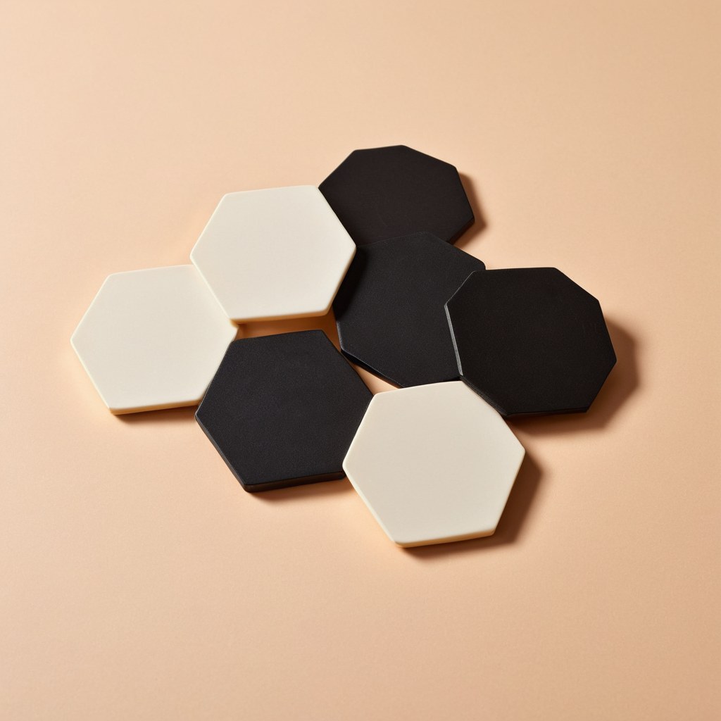 Fichas redondas de juego de mesa y una loseta hexagonal sobre superficie color crema