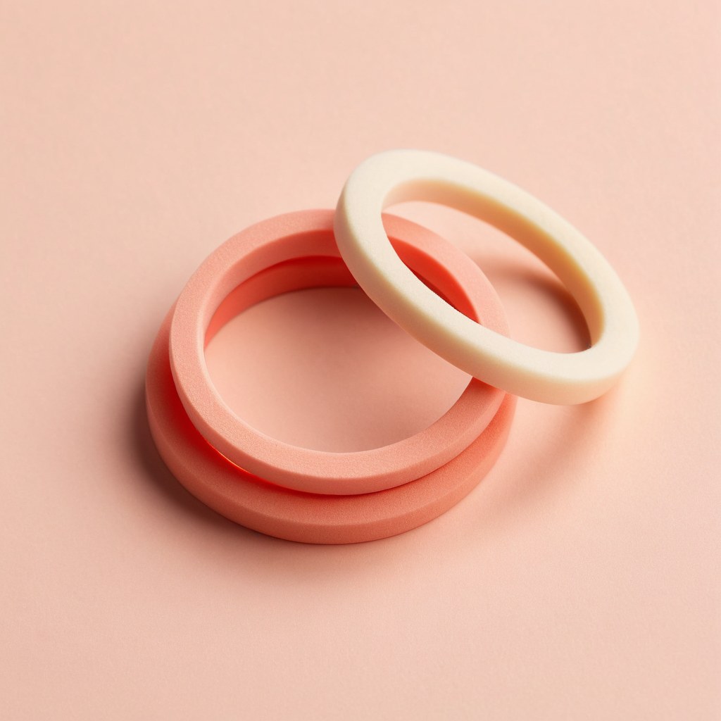 Juego de aros apilables de espuma suave en crema y coral sobre fondo profundo