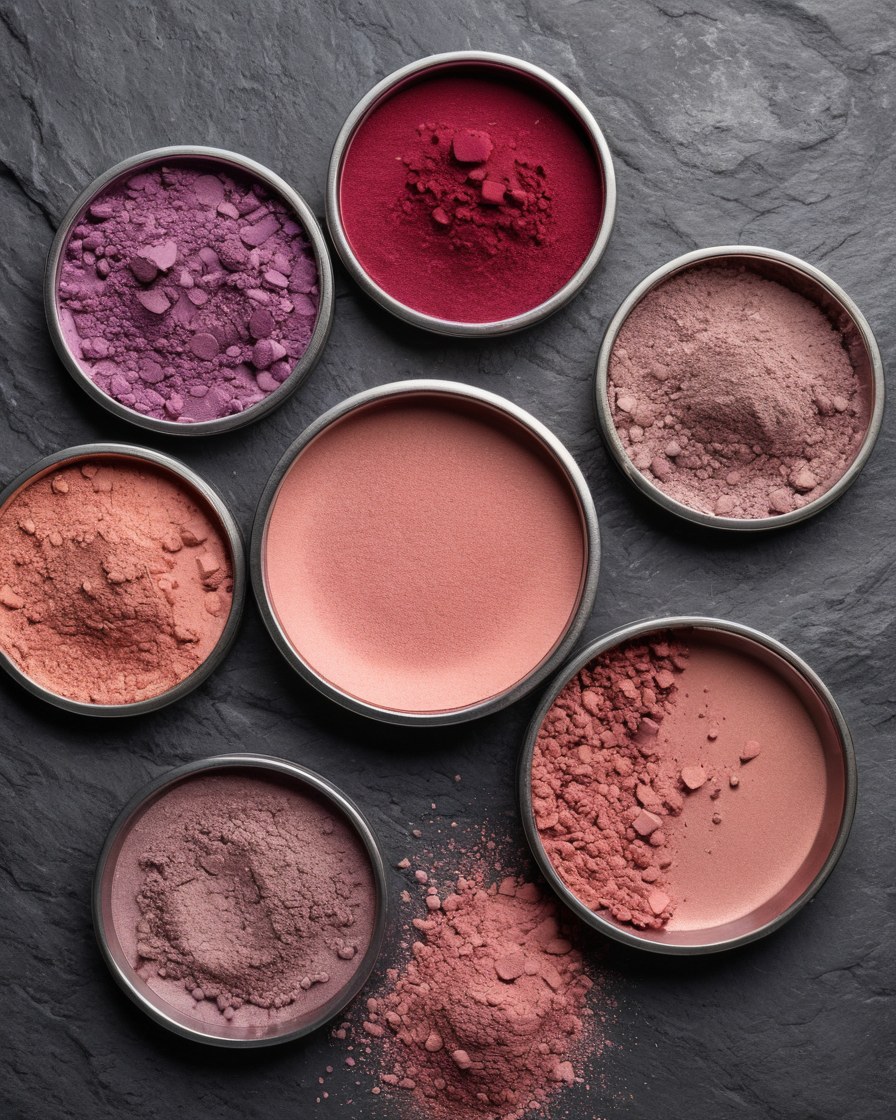 Paleta de maquillaje sin marca vista desde arriba con marcas de pigmento vino y nude