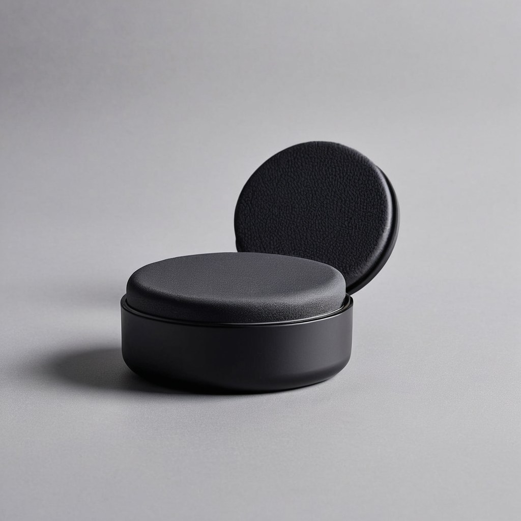 Estuche cosmético rígido negro mate con la tapa abierta sobre piedra gris