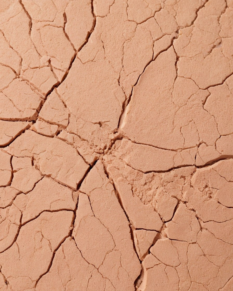Pastilla de polvo compacto nude quebrada, con grietas finas y polvo suelto