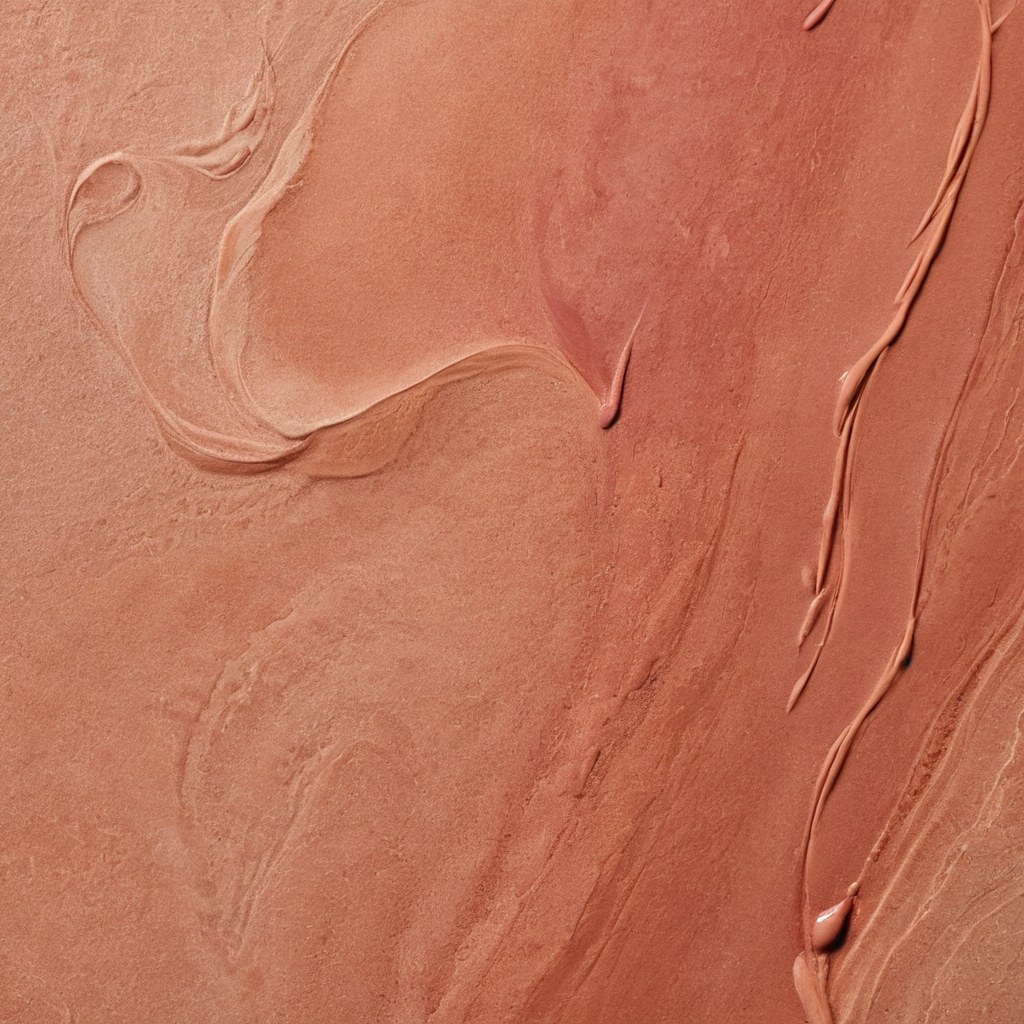 Tres trazos gruesos de rubor en crema en tonos ciruela, terracota y nude sobre piedra