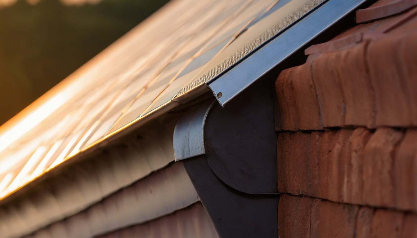 Detalle del borde de una cubierta y el marco de aluminio de un módulo solar a contraluz