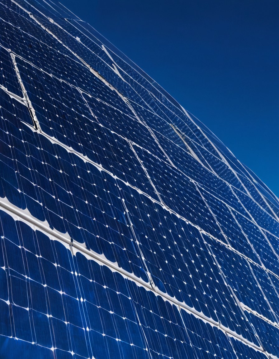 Módulos solares vistos entre el follaje contra un cielo despejado