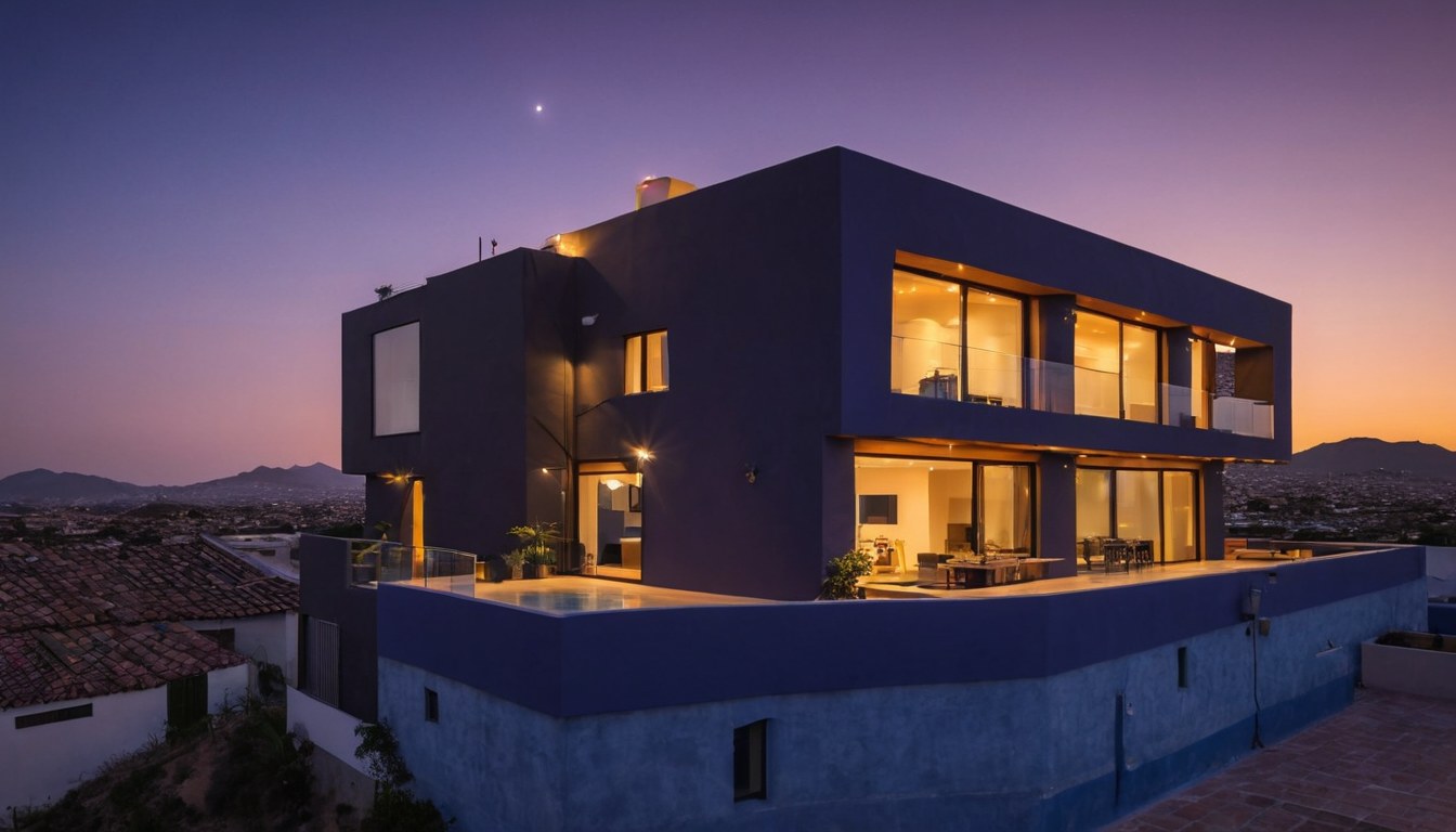 Casa mexicana al anochecer con arreglo de paneles solares y gabinete de respaldo en la fachada