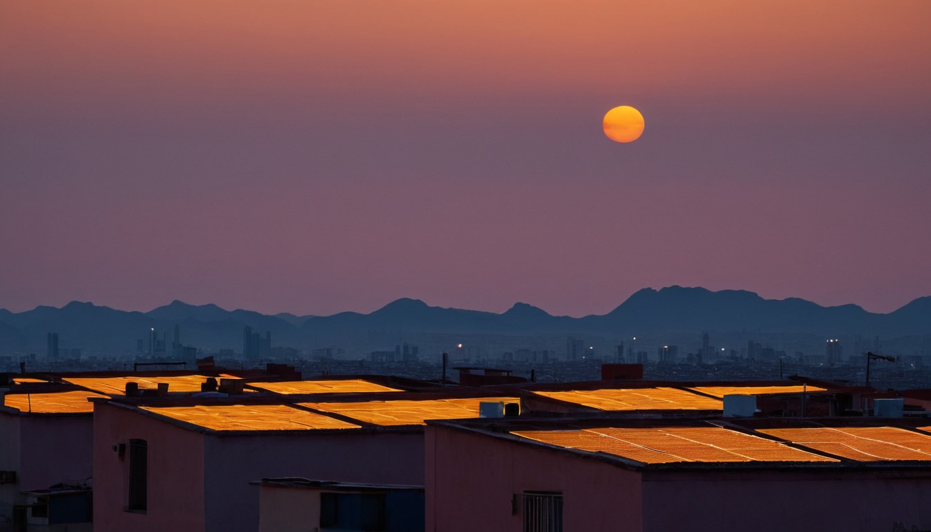 Azoteas residenciales con arreglos solares recortadas contra el cielo del atardecer