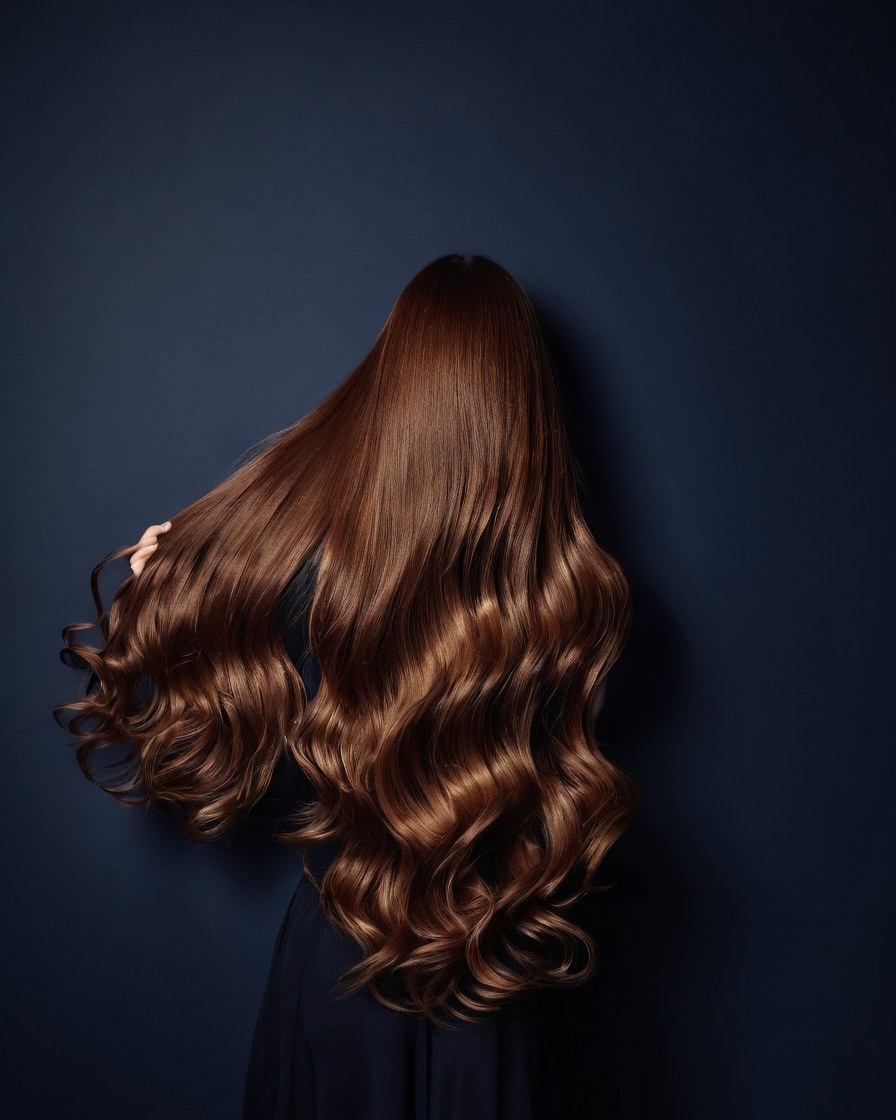 Mecha larga de cabello ondulado en tono chocolate colgada contra un muro azul tinta