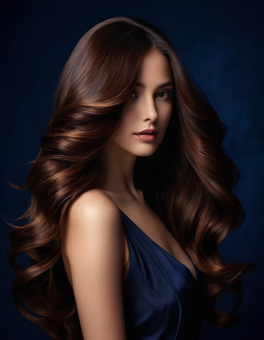 Cabello largo, ondulado y brillante en tono castaño, iluminado a contraluz sobre un fondo azul tinta