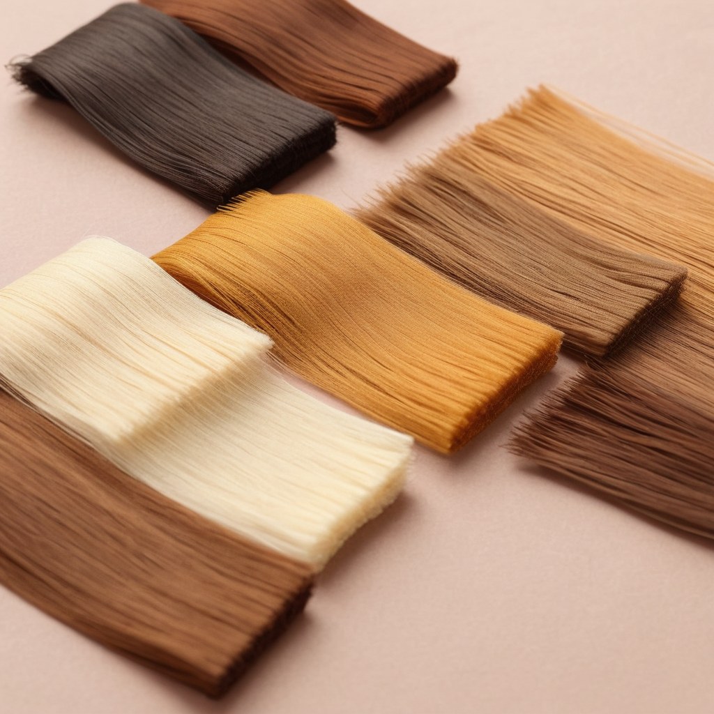 Muestrario de mechas de cabello natural en tonos castaño, ceniza y miel sobre papel color marfil