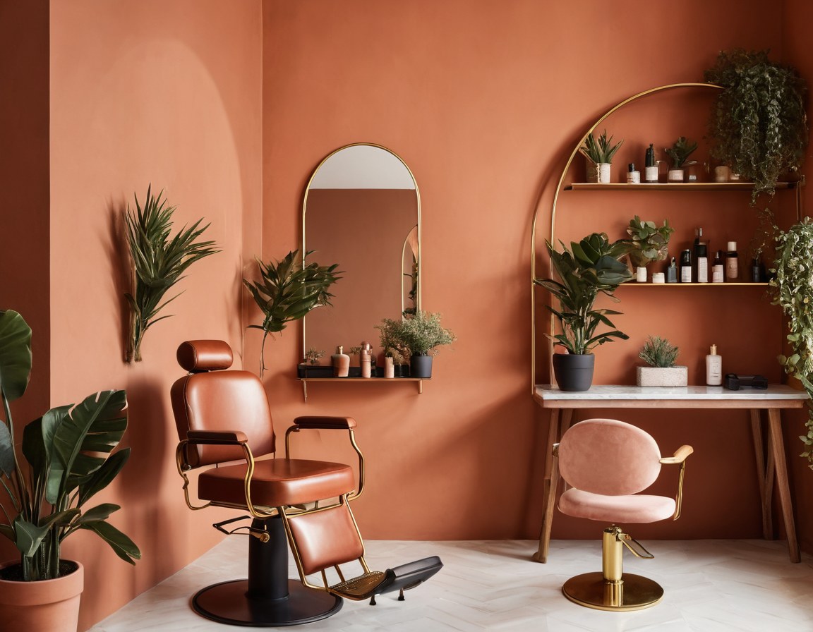 Interior de un estudio de extensiones con espejo de arco, sillón de trabajo y repisas con mechas de cabello sin etiqueta