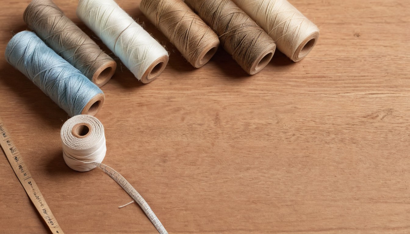 Carretes de hilo, cinta métrica y muestras de tela sobre una mesa gastada