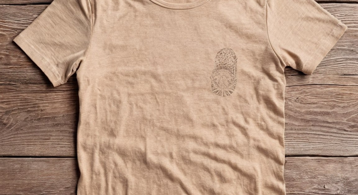 Playera de algodón con estampado al frente, extendida sobre la mesa de trabajo