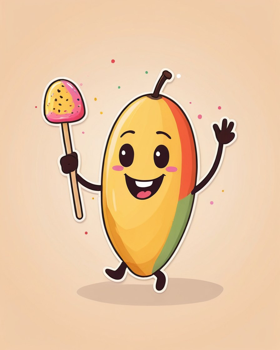Paleta de mango sonriente levantando los brazos con otra paleta en la mano