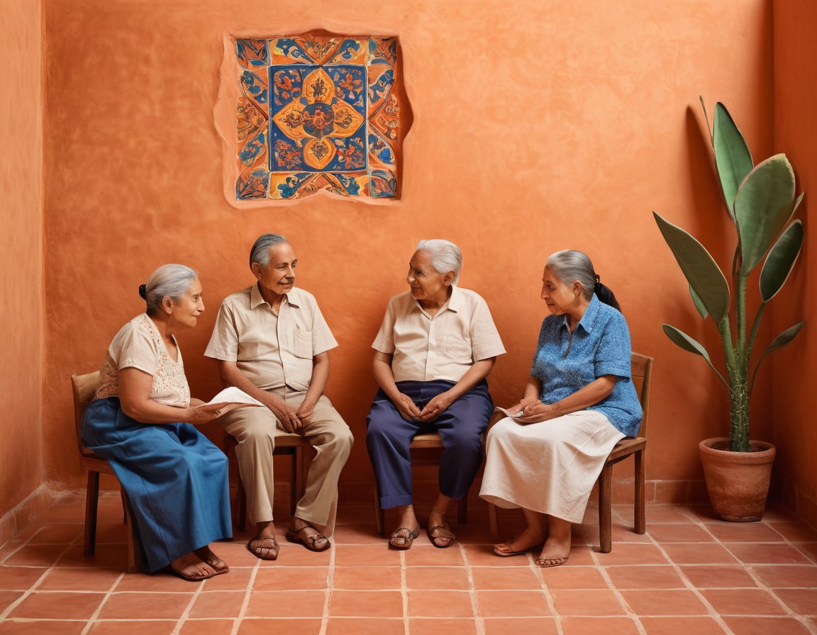 Tres adultos mayores conversando sentados junto a una planta en una sala luminosa