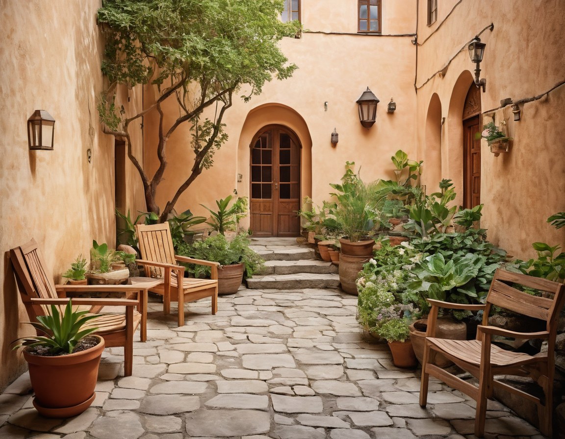 Patio interior con macetas, camino de piedra y sillas de madera