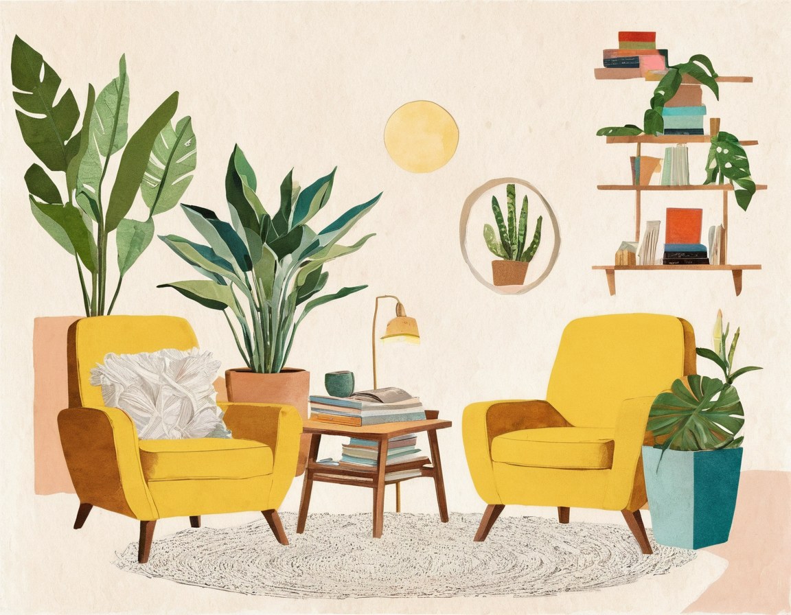 Rincón de lectura con sillones, libros y plantas junto a una ventana soleada