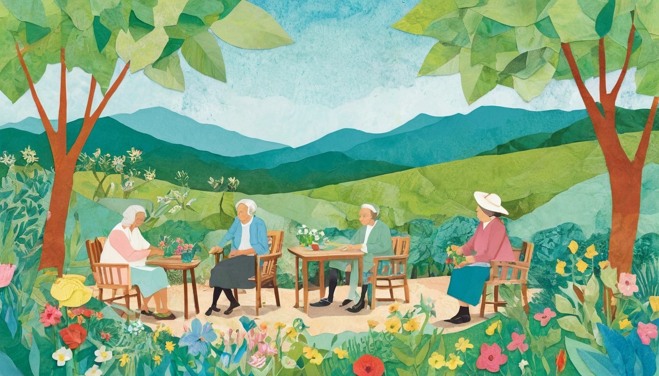 Ilustración de papel recortado de un jardín con adultos mayores conversando y cuidando plantas entre dos árboles