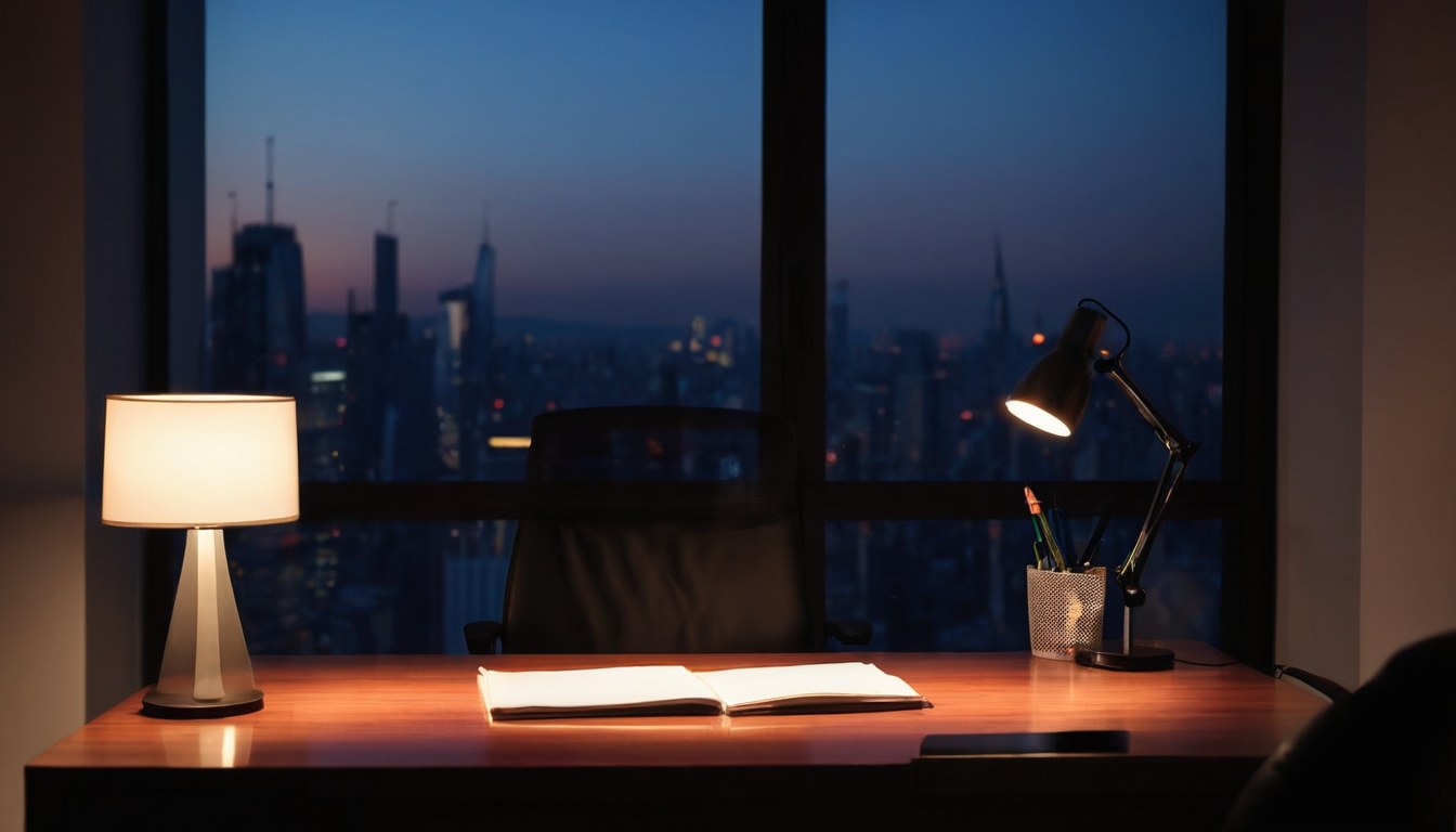 Despacho privado por la tarde, con escritorio de madera oscura y una lámpara encendida junto a la ventana